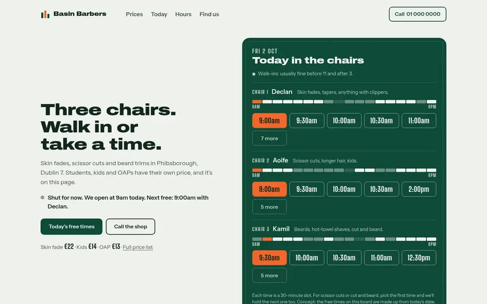 Screenshot of the redesigned Basin Barbers website.