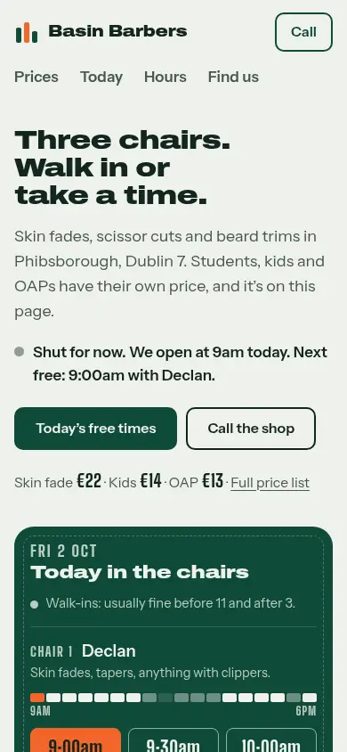 The redesigned Basin Barbers site on a phone.