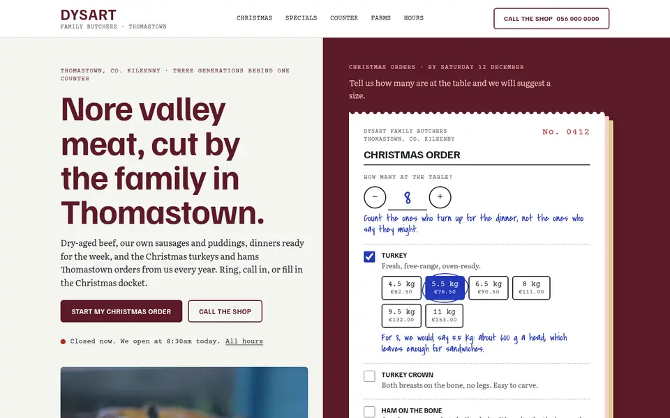 Screenshot of the redesigned Dysart Family Butchers website.