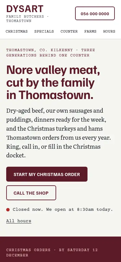 The redesigned Dysart Family Butchers site on a phone.
