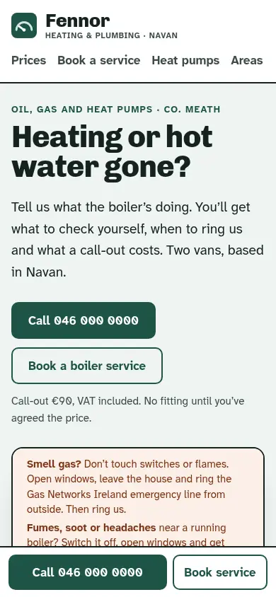 The redesigned Fennor Heating & Plumbing site on a phone.
