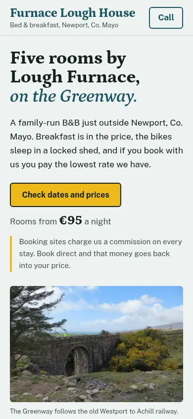 The redesigned Furnace Lough House site on a phone.