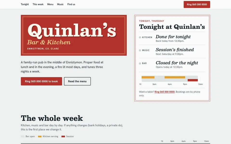 Screenshot of the redesigned Quinlan's Bar & Kitchen website.