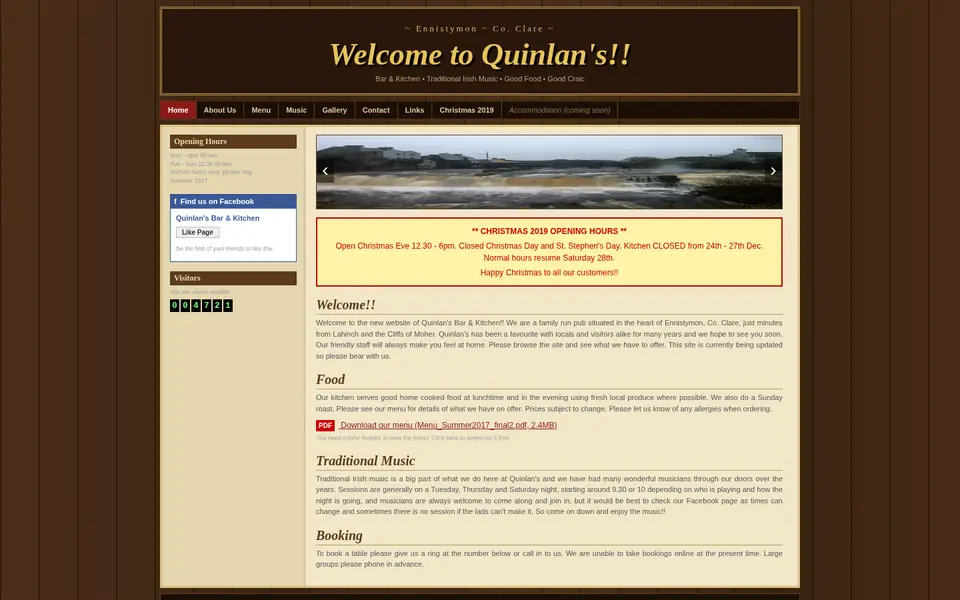 Screenshot of the old Quinlan's Bar & Kitchen website.