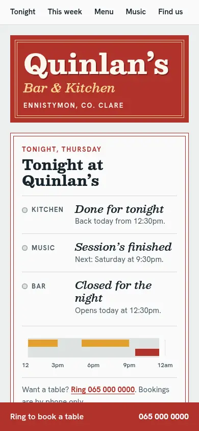 The redesigned Quinlan's Bar & Kitchen site on a phone.