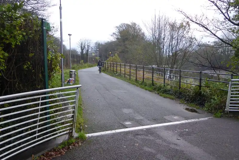 A tarmac riverside walkway beside railings and bare trees on the banks of the Lee in Cork, with one cyclist in the distance.