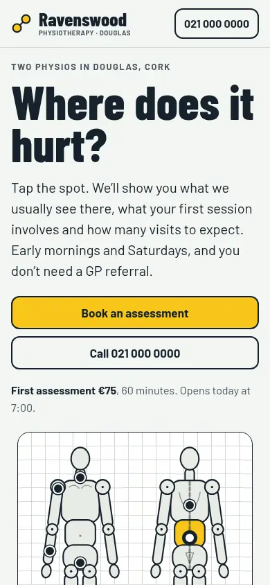 The redesigned Ravenswood Physiotherapy site on a phone.