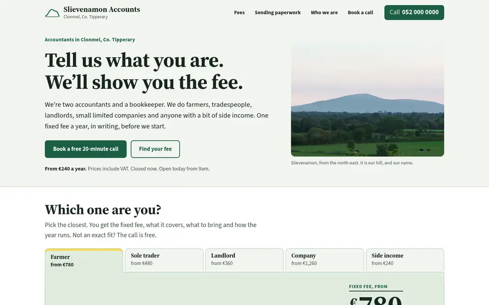 Screenshot of the redesigned Slievenamon Accounts website.