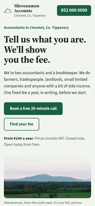 The redesigned Slievenamon Accounts site on a phone.