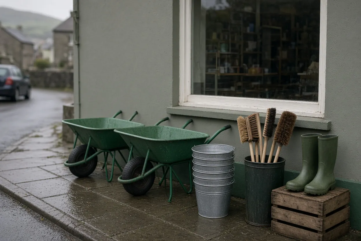 The footpath outside the shop on a wet day: two green wheelbarrows, a stack of galvanised buckets, a bin of hand brushes and a pair of green wellingtons on a wooden crate, under the shop window.