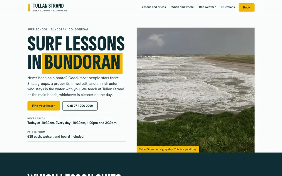 Screenshot of the redesigned Tullan Strand Surf School website.